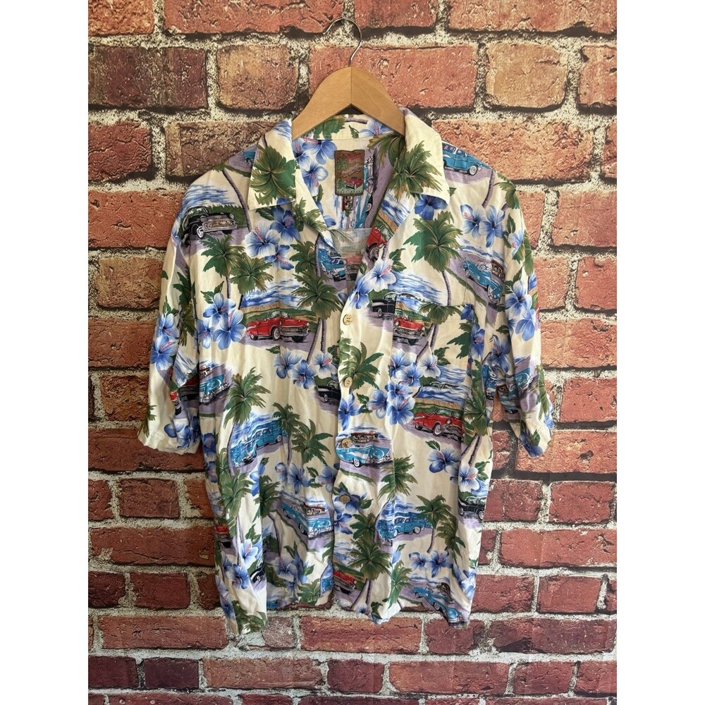 Island Collection Men's Button Up Shirt Large Palm Trees Hawaiian Flowers Cars